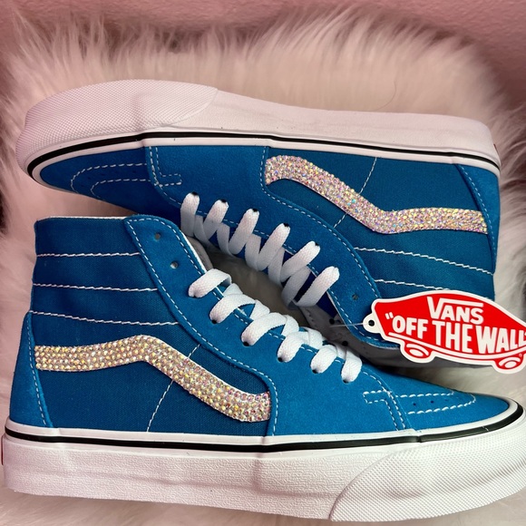 NWOT Custom Bling Blue Suede Vans Sneakers M6/W8 - Picture 2 of 8